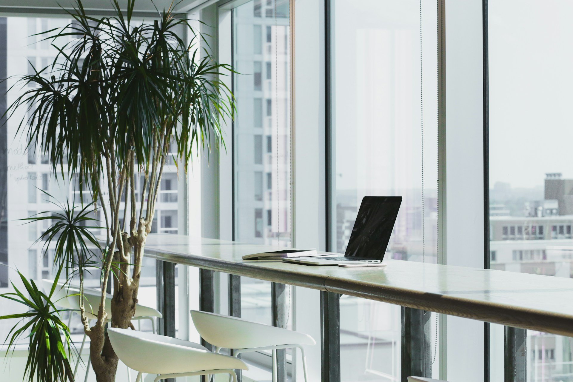 Office window with blinds half open